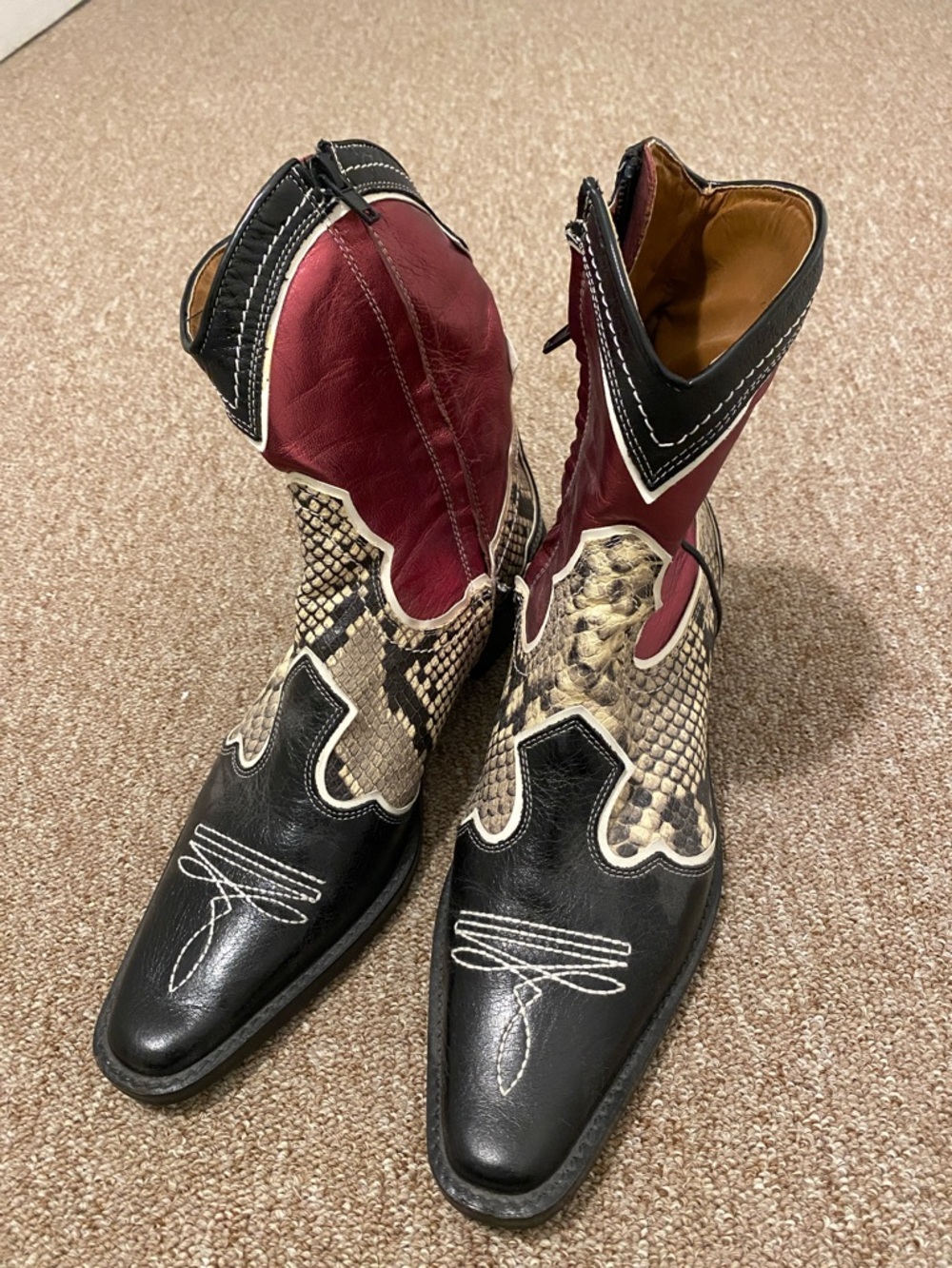 ZARA Black, Burgundy & Snake-Print Western Leather Boots 👢!